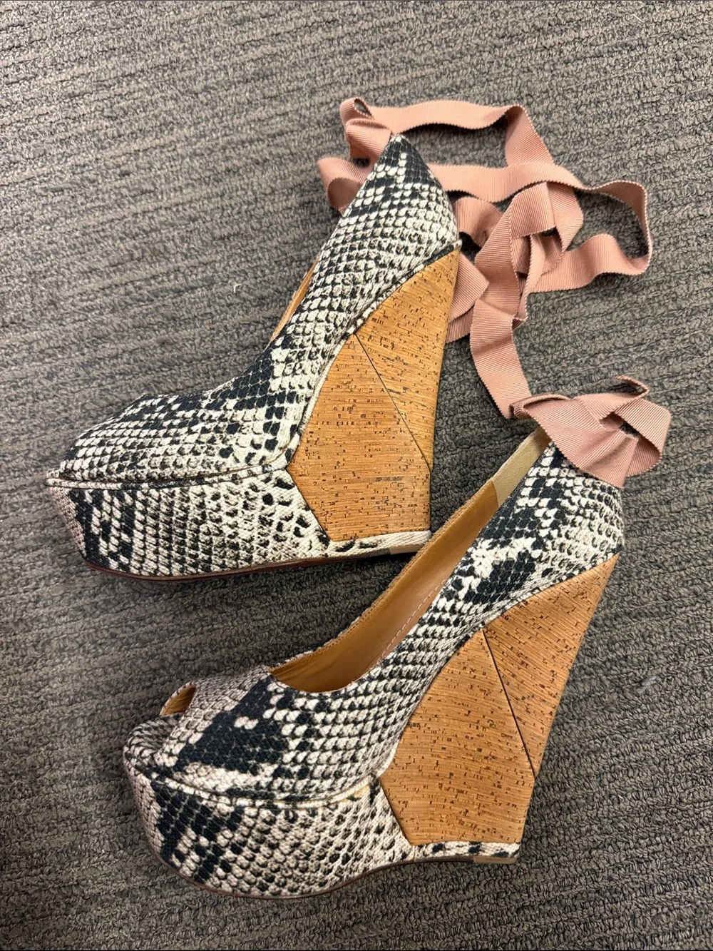 Lanvin snake-print peep-toe wedges with pink ribbon ankle ties